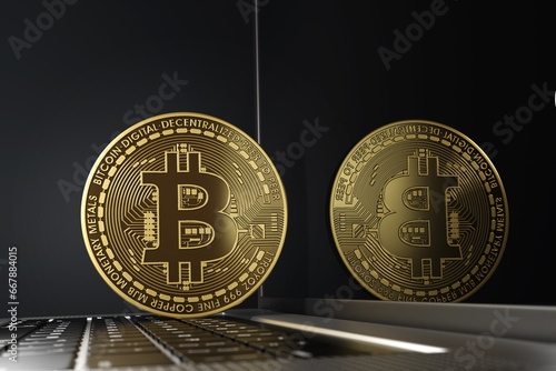 Valokuva Golden bitcoin on a laptop keyboard and is reflected by the computer screen