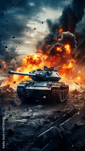 War Concept. Military Tank silhouettes fighting scene on war fog sky background. Tank battle