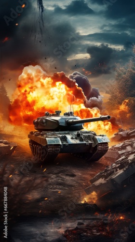 War Concept. Military Tank silhouettes fighting scene on war fog sky background. Tank battle