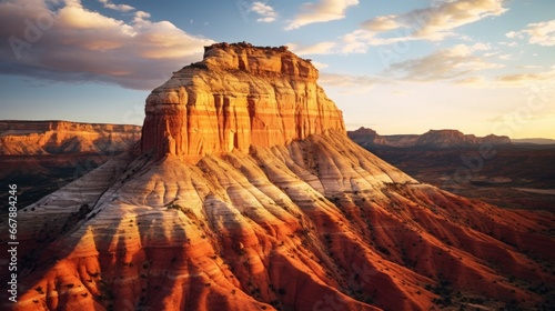 Aerial view of a sandstone Butte in Utah desert valley at sunset, Capitol Reef National Park, Hanksville, United States. photo