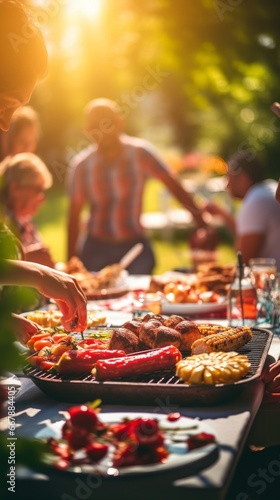 Group of friends having a barbecue party in nature. Selective focus.