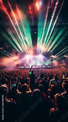 Concert crowd in front of a bright stage with lights and smoke