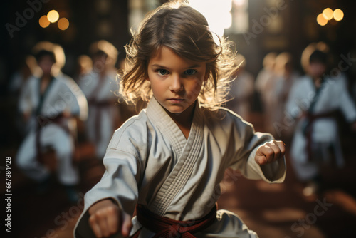 Children decked out in karate uniforms, executing precise moves in martial arts class. Concept of discipline in martial arts. Generative Ai. © Sebastian