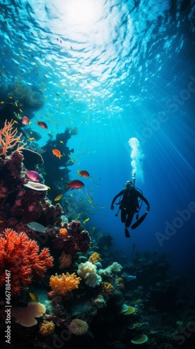 Scuba diver and colorful tropical coral reef in the Red Sea