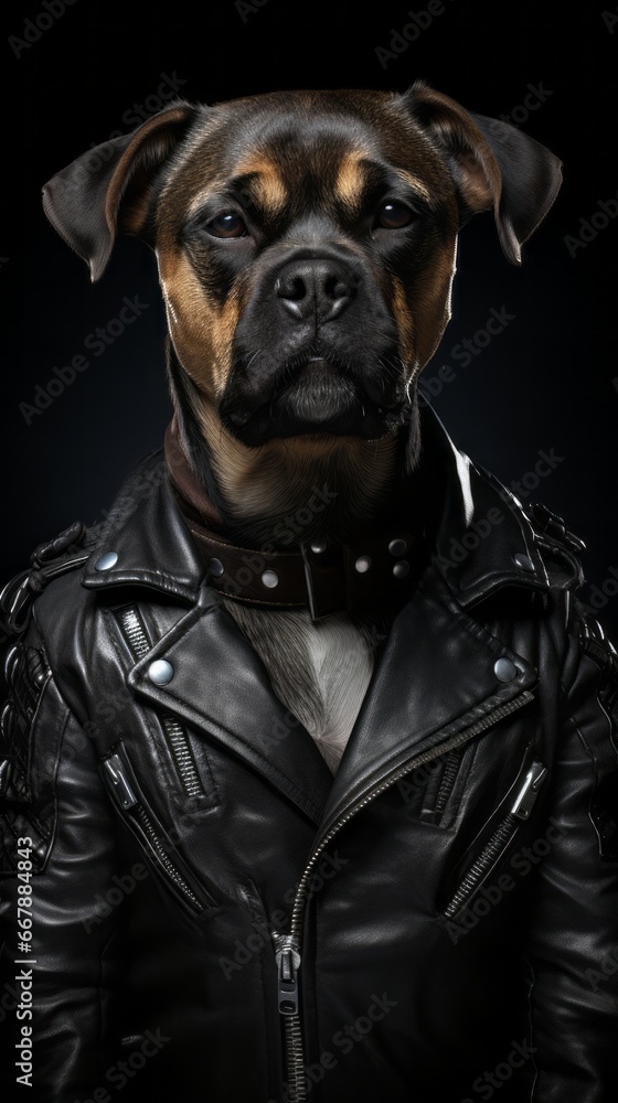 Obraz premium Portrait of a beautiful dog in leather jacket on black background