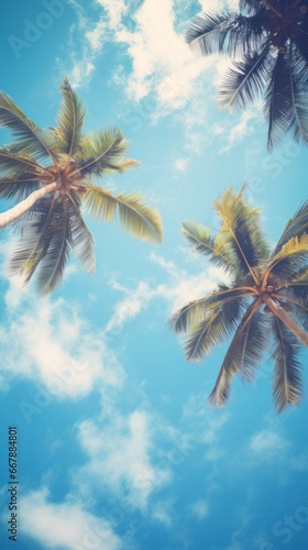 Coconut palm trees on blue sky background. Vintage toned © hardqor4ik