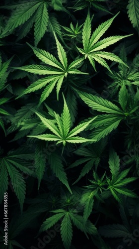 Cannabis sativa background. Green leaves of marijuana. Legal Marijuana cultivation in the home.