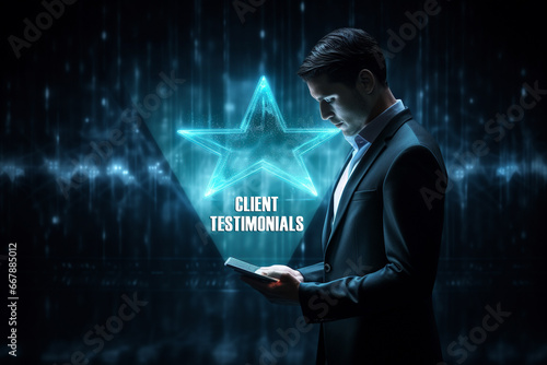 Star rating hologram is showing by a person, A person standing and looking at his mobile phone in front of a big digital star screen to review client testimonials and satisfaction ratings online photo