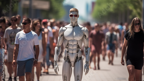 Futuristic human-robot among people in the street. 
