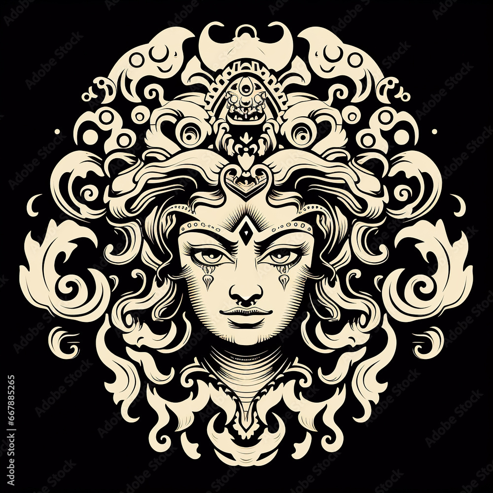 Durga Maas Divine Face art black and white.