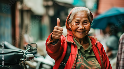 Older southeast Asian woman giving thumb up.