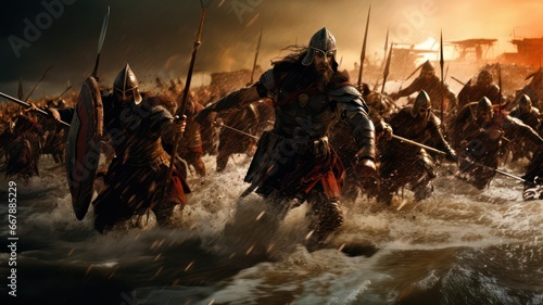 Roman army running in a battle created with Generative AI photo