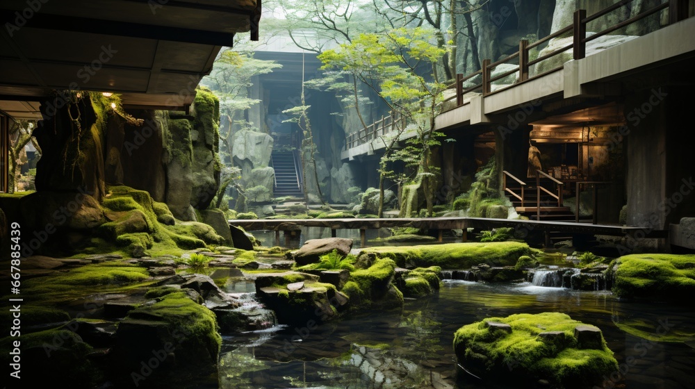 peaceful japanese indoor stone and water garden with moss, modern architecture