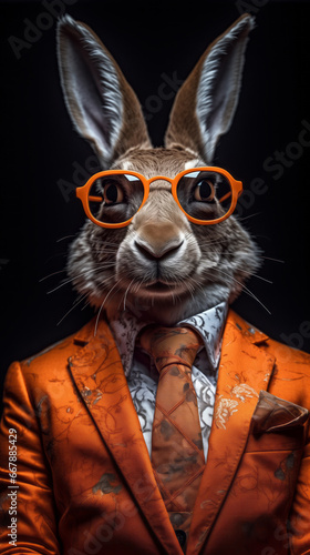 Rabbit dressed in an elegant orange suit, tie and glasses. Fashion portrait of an anthropomorphic animal posing with a charismatic human attitude