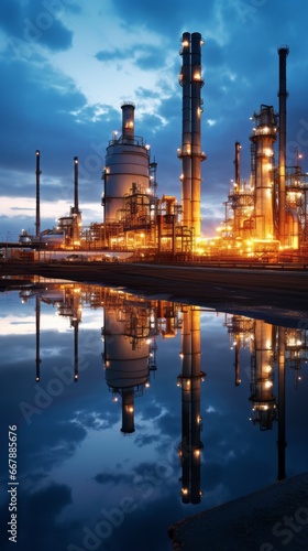 Oil refinery at twilight with reflection in the water. Refinery industry