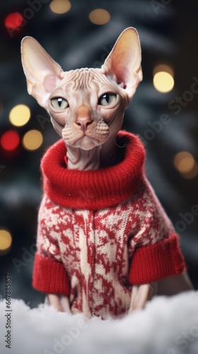 Sphynx cat in red sweater sitting on snow with christmas tree in background