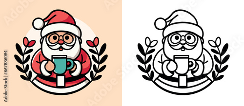 Santa drinking coffee illustration. Cute Santa Claus holding a mug. Holiday season aesthetic drawing for coffee lovers, barista and coffee shops. Minimalist flat design vector for print products.