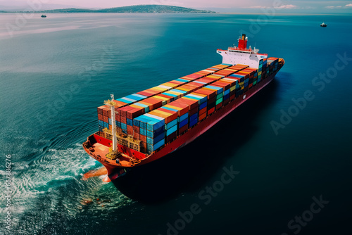 Aerial view of container cargo ship in sea.