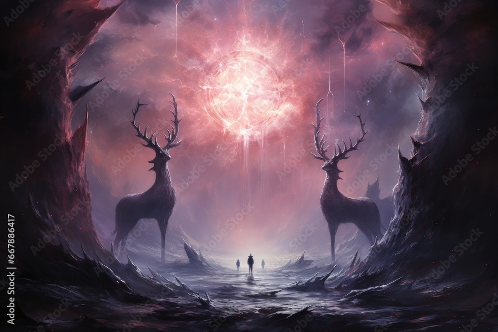 Radiant celestial stags, guiding lost souls through the astral planes - Generative AI
