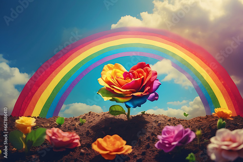 Rainbow flower growing out of the dirt with a rainbow above it. LGBTQ growing concept. AI generated.