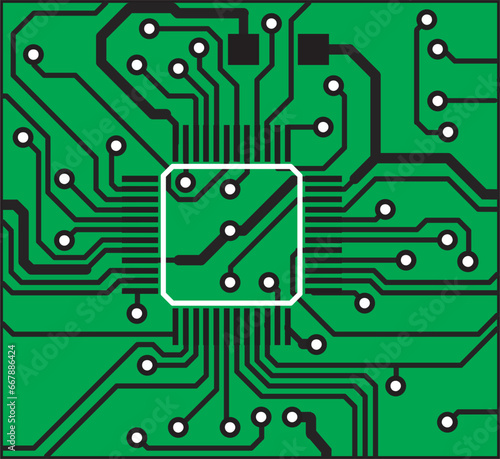 Vector printed circuit board of an electronic 
device with microcontroller chip, 
conductors and contact pads placed on it. 
Engineering technical drawing. Electric background. Pcb pattern. 