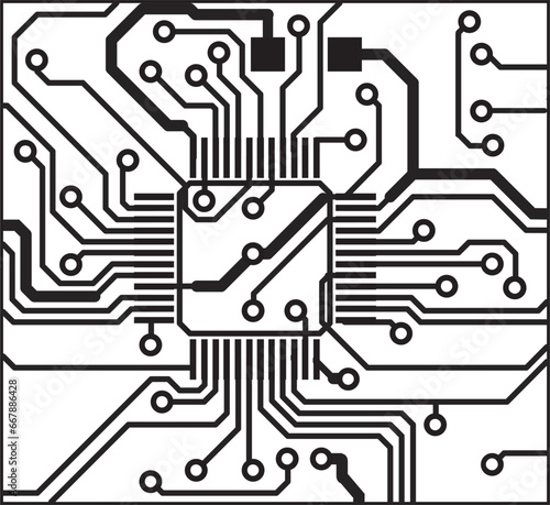 Vector printed circuit board of an electronic 
device with microcontroller chip, 
conductors and contact pads placed on it. 
Engineering technical drawing. Electric background. Pcb pattern.