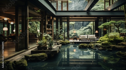 peaceful japanese indoor stone and water garden with moss, modern architecture © CROCOTHERY