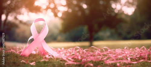 Cancer pink ribbon in a field, World Breast Cancer awareness month concepts designs. . Women health care support, copy space for text