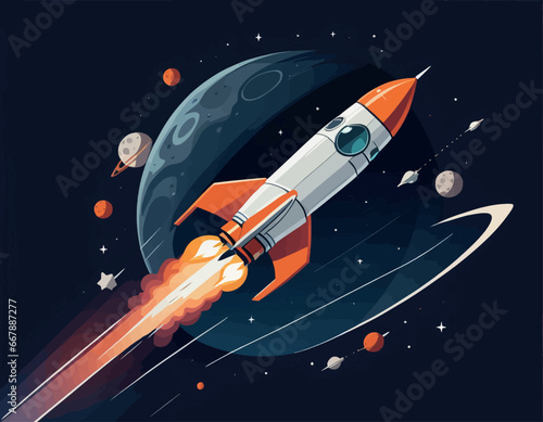 rocket ship with space rocket flying through the skyrocket ship with space rocket flying through the skyrocket in space. concept of startup, startup and science. startup launch. vector illustration