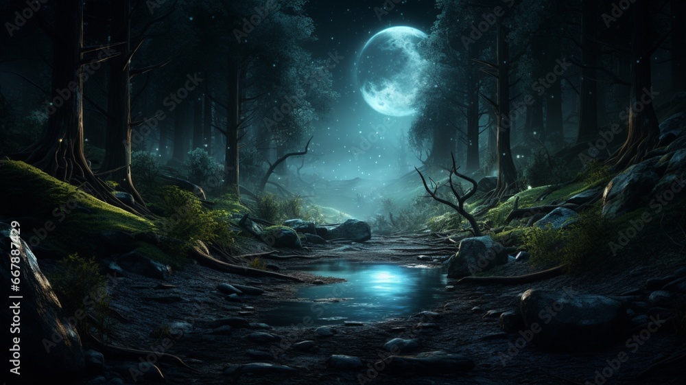 Scene alone dark forest night light landscape picture Ai generated art