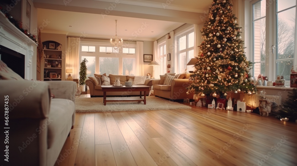 Festive Holiday Decor: Cozy Hardwood Interior with Colorful Couch and Chair