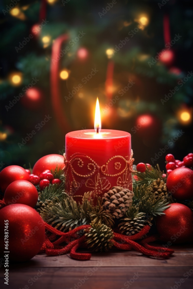 Festive Red Christmas Candle Burning Within a Wreath of Greenery and Delicate Decorations
