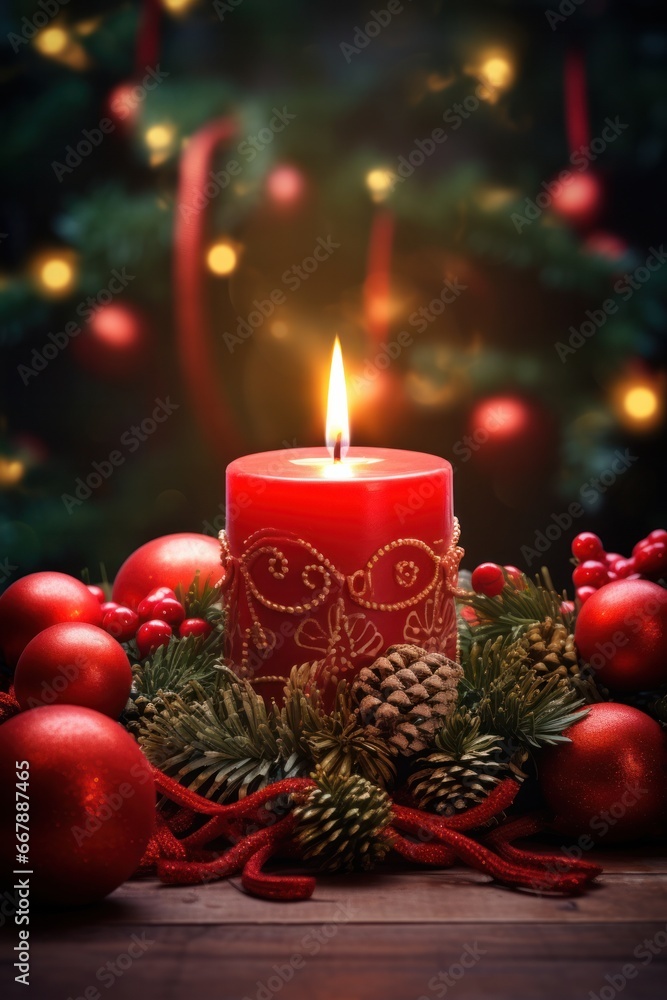 Festive Red Christmas Candle Burning Within a Wreath of Greenery and Delicate Decorations Festive Red Christmas Candle Burning Within a Wreath of Greenery and Delicate Decorations