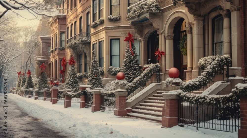 Festive Winter Wonderland: Charming Boston Street with Landmark Cobblestone Decorations Festive Winter Wonderland: Charming Boston Street with Landmark Cobblestone Decorations