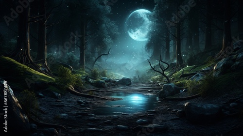 Scene alone dark forest night light landscape picture Ai generated art