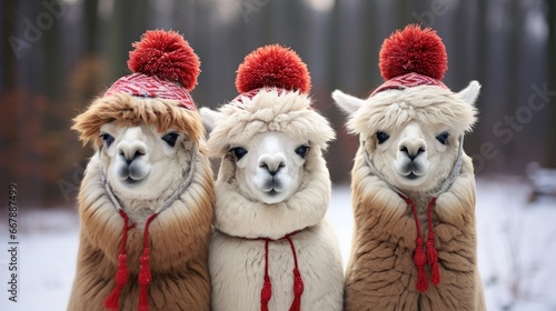 Festively Adorned Alpaca Trio in Winter Wonderland