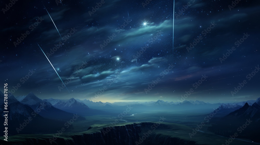 Shooting stars in the night sky, copy space, 16:9