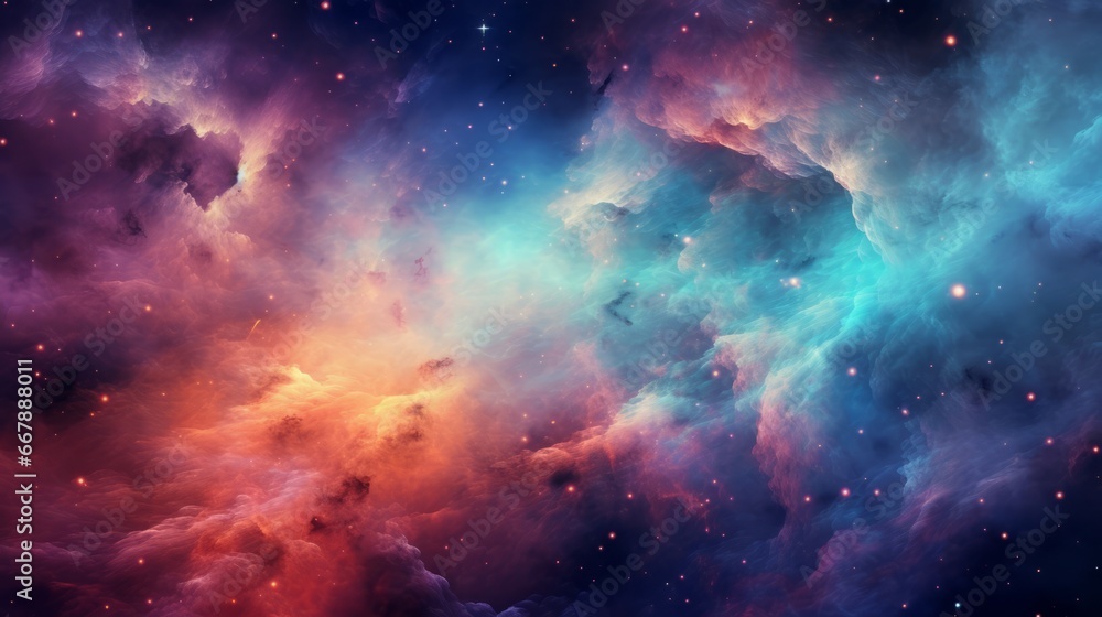 Colorful space galaxy cloud nebula, stary night cosmos, 16:9, copy space - obrazy, fototapety, plakaty 