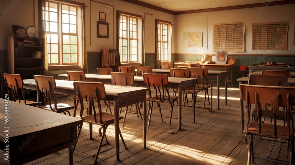 classroom Interior Vintage Wooden Lecture Wooden Chairs and Desks, 16:9, copy space