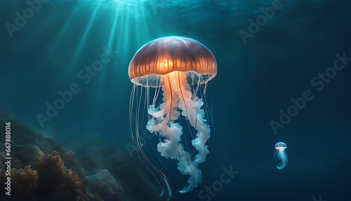 The ethereal beauty of the jellyfish as it drifts through the ocean, its translucent form glowing softly in the moonlight, is a celestial creature from a world beyond our own © Simo
