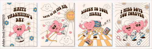 Happy Valentine's Day vintage templates of greeting cards or posters in retro groovy style. Cartoon romantic 60s, 70s vector illustrations with lovely hearts characters and abstract forms.