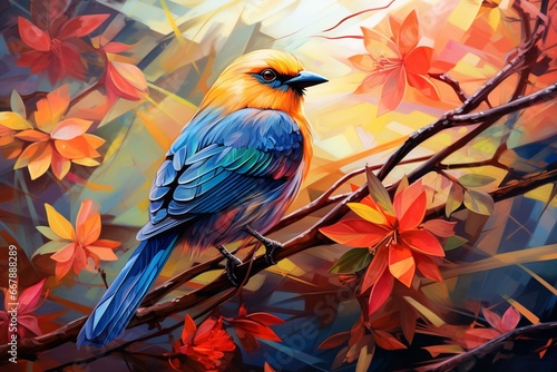 Colorful bird perched on branch surrounded by lush foliage. Art. Generative AI