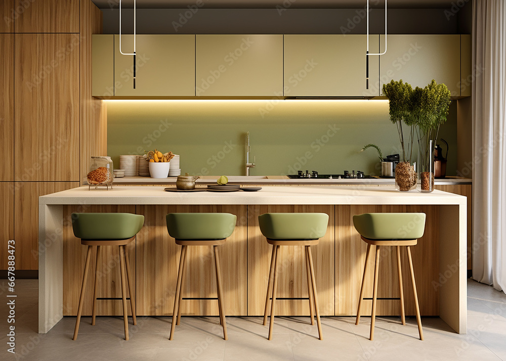 Kitchen Interior design, a minimalist, contemporary kitchen, olive green and wood as an accent color, without stool bar, without stool chairs,
