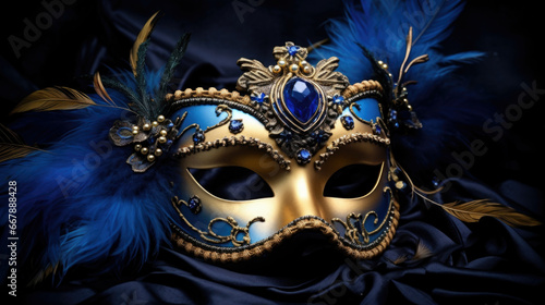 Blue and gold Venetian carnival mask with feathers  copy space.