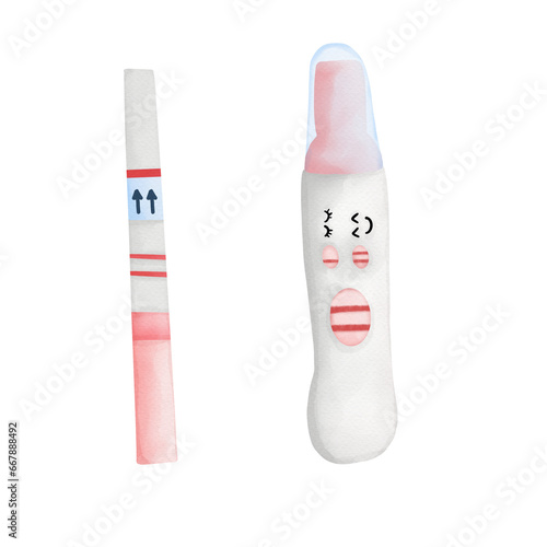 Positive  test. pregnancy tests. Watercolor illustration. Isolated on white background 