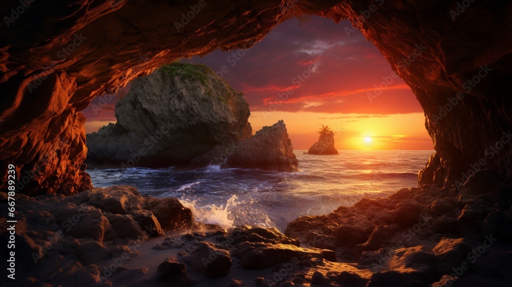 Sunset flush inside sunset sea cave entrance photography picture Ai generated art