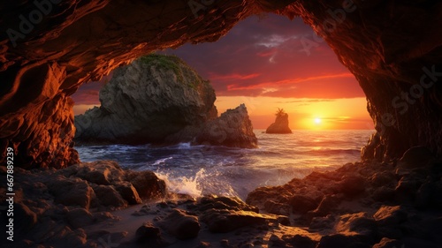 Sunset flush inside sunset sea cave entrance photography picture Ai generated art