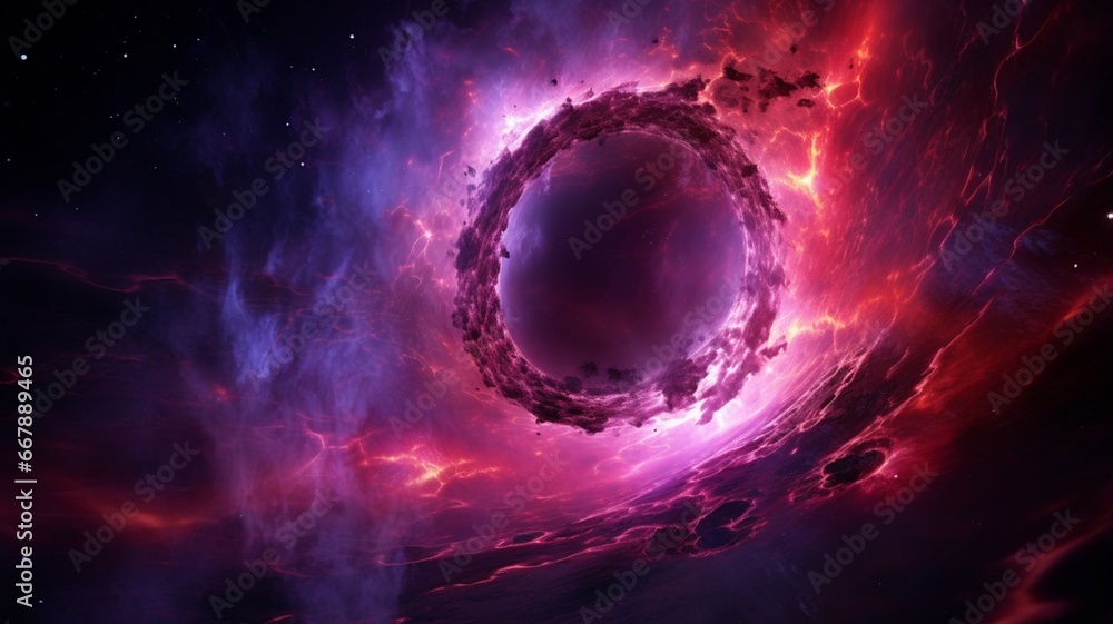 Supermassive black hole with red purple fire photography picture Ai generated art
