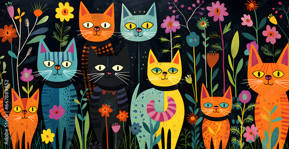 cat family figurative cubist painting