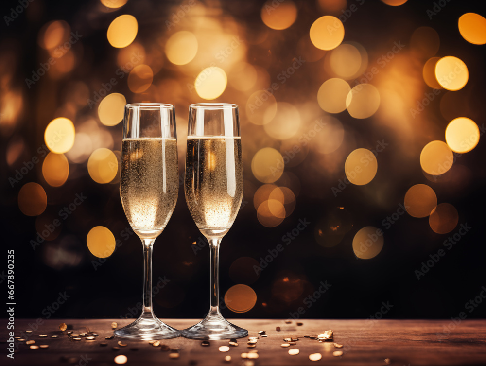 Two glasses of champagne with golden bokeh on dark. Christmas and new year celebration. Ai generation. Two glasses of champagne with golden bokeh on dark. Christmas and new year celebration. Ai generation.